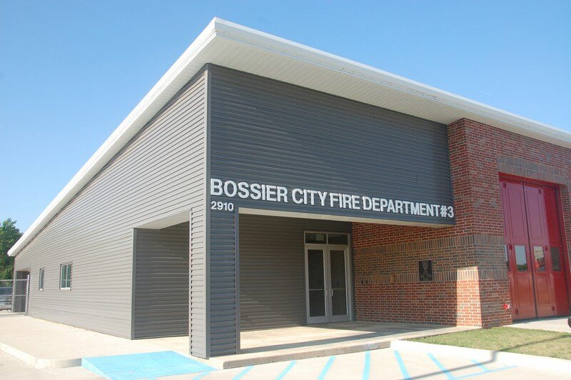 Fire station with metal roof and wall panels