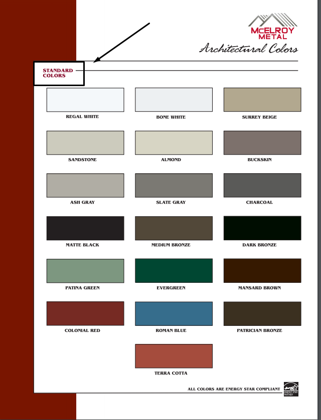 What is the cost difference between standard Kynar color, Premium Kynar Color, and Metallics for metal roofing and siding?